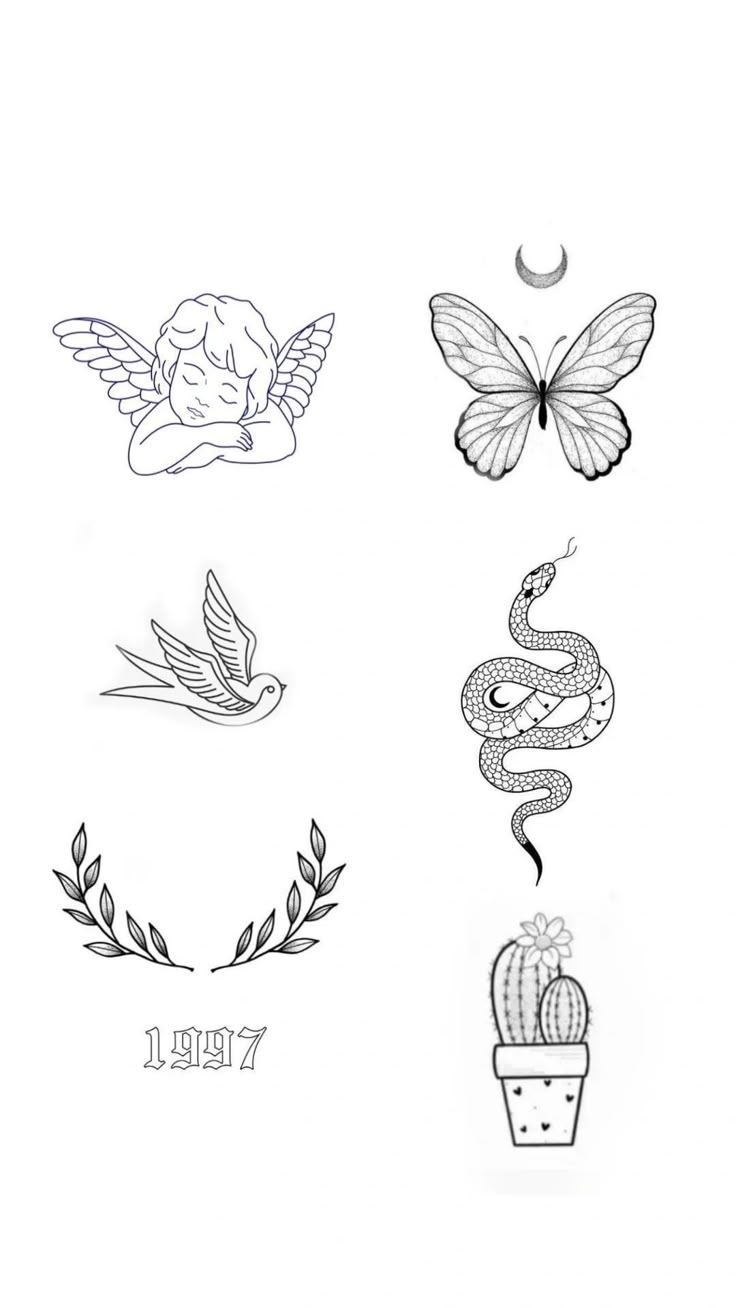 four different types of tattoos are shown in this drawing technique, including one with a snake and