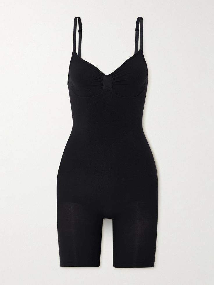 SKIMS' 'Seamless Sculpt' collection is designed to smooth and define the figure. Made from high-compression stretch fabric, this bodysuit has mid-length shorts and a scooped back, so you can wear it under low-cut dresses or tops. Bodysuit Shorts, Low Cut Dresses, Mid Length Shorts, Shopping Wishlist, Long Torso, Shearling Jacket, Black Bodysuit, Coat Fashion, Jeans Dress