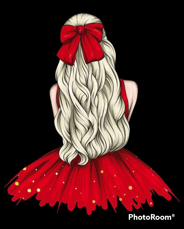 a drawing of a girl with long white hair wearing a red dress