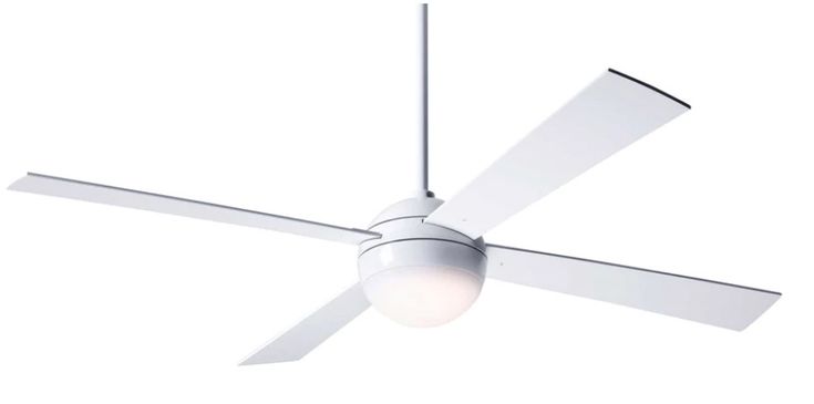 a white ceiling fan with a light on the top and two blades attached to it