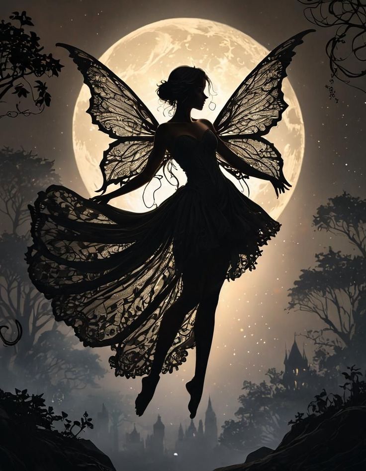 a fairy is flying in front of the moon