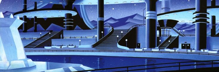 a futuristic city with stairs and snow covered mountains in the background, as well as an iceberg