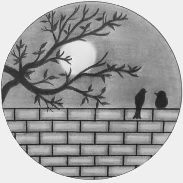 two birds sitting on the edge of a brick wall under a full moon with trees