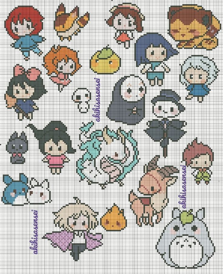 cross stitch pattern with many different avatars on the front and side, all in various colors