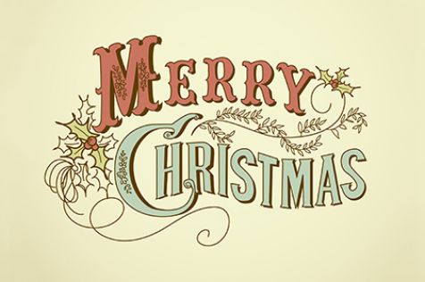 the words merry christmas written in red and green on a yellow background with holly leaves