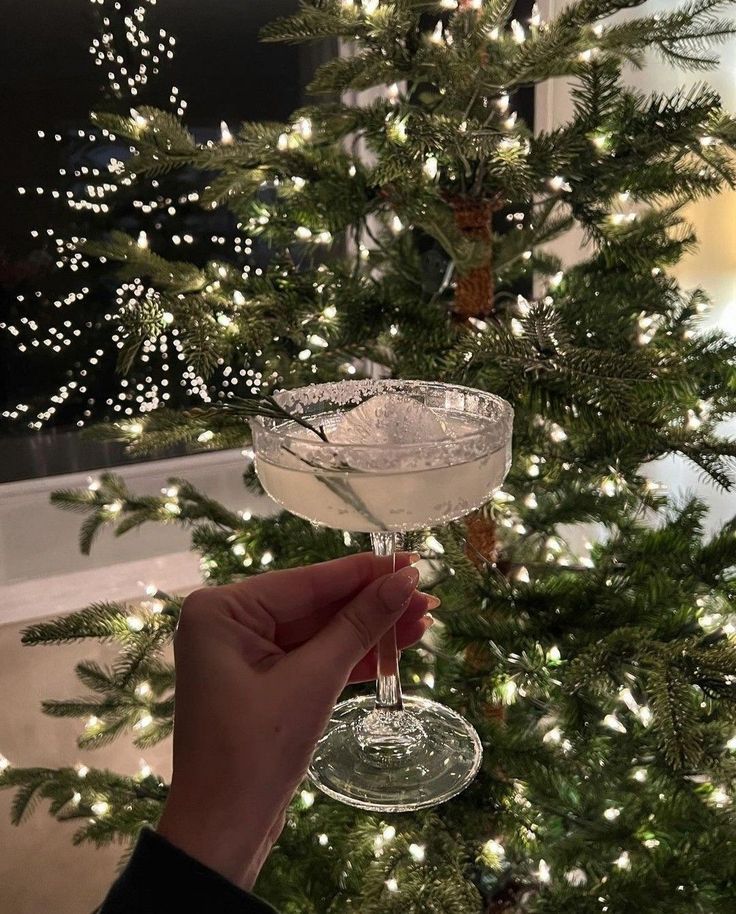 someone holding up a wine glass in front of a christmas tree