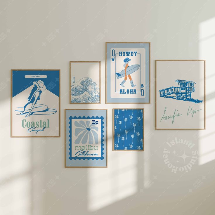 the wall is decorated with vintage posters and postcards for skiers to hang on