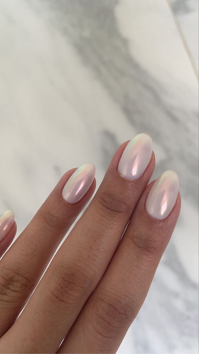 Chrome nails Chrome Nails White Pearl, White Crome Nails Almond Short, White Chrome Almond Nails Short, Pearly White Acrylic Nails, Chrome Pearl White Nails, White Nails With Pearl Chrome, White Pearly Acrylic Nails, White And Matalic Nails, White Pearls Nails