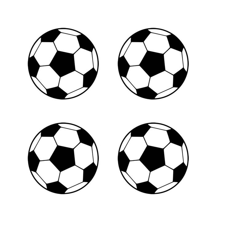 four black and white soccer balls on a white background