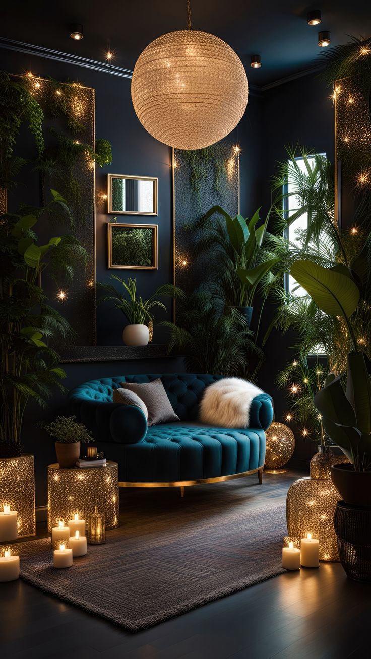 a living room filled with lots of plants and lit candles in front of the couch