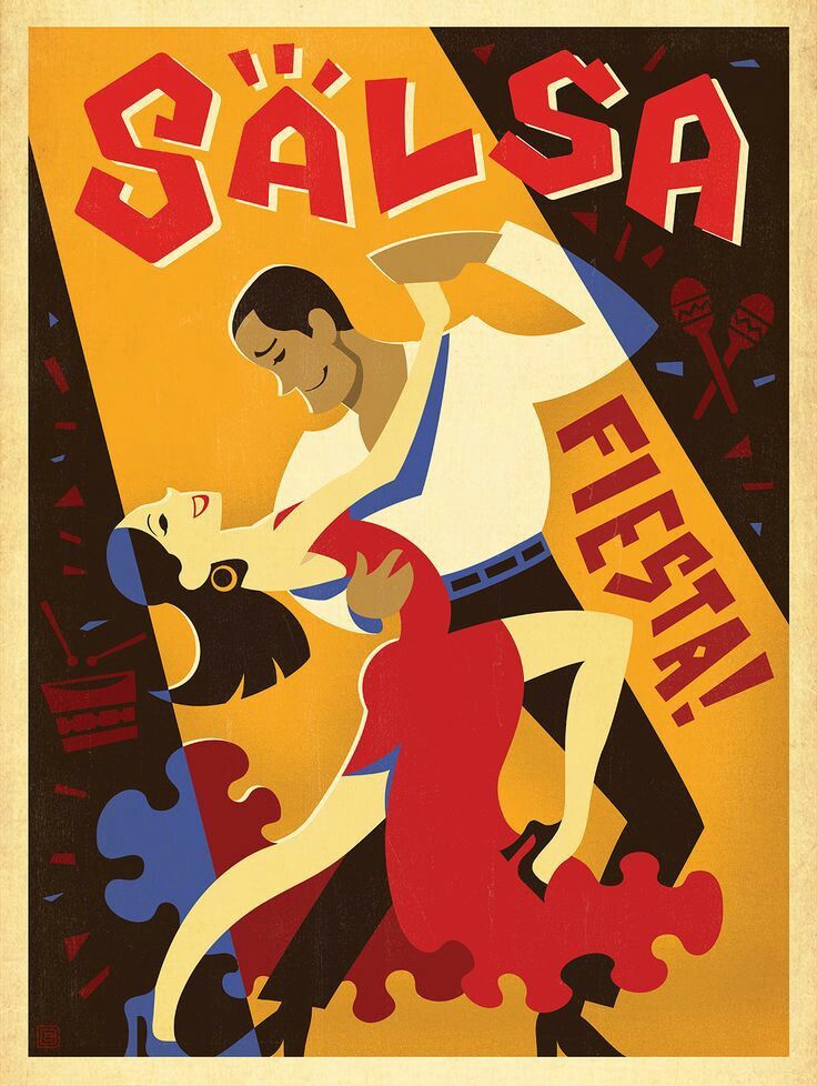 an old poster advertising salsa with a man and woman