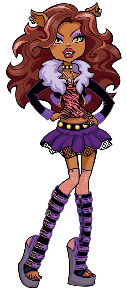 a drawing of a girl with long red hair and purple clothes, wearing high heeled boots