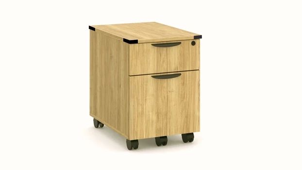 an office file cabinet with wheels on the front and bottom, shown in light wood