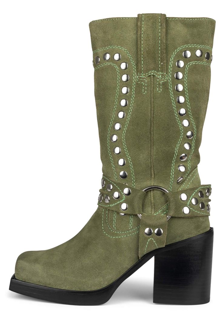 Square-toe mid-calf heeled western boot with stud detail and harness Fits true to size Measurements taken from a size 7 3.25" Heel, 0.75" Platform 10" Shaft, 14" Opening Leather Upper, Leather Lining, Synthetic Sole Western Boot, Shoe Inspo, Swag Shoes, Jeffrey Campbell Shoes, Fall Fits, Mode Inspo, Green Suede, Dream Shoes, Mode Vintage