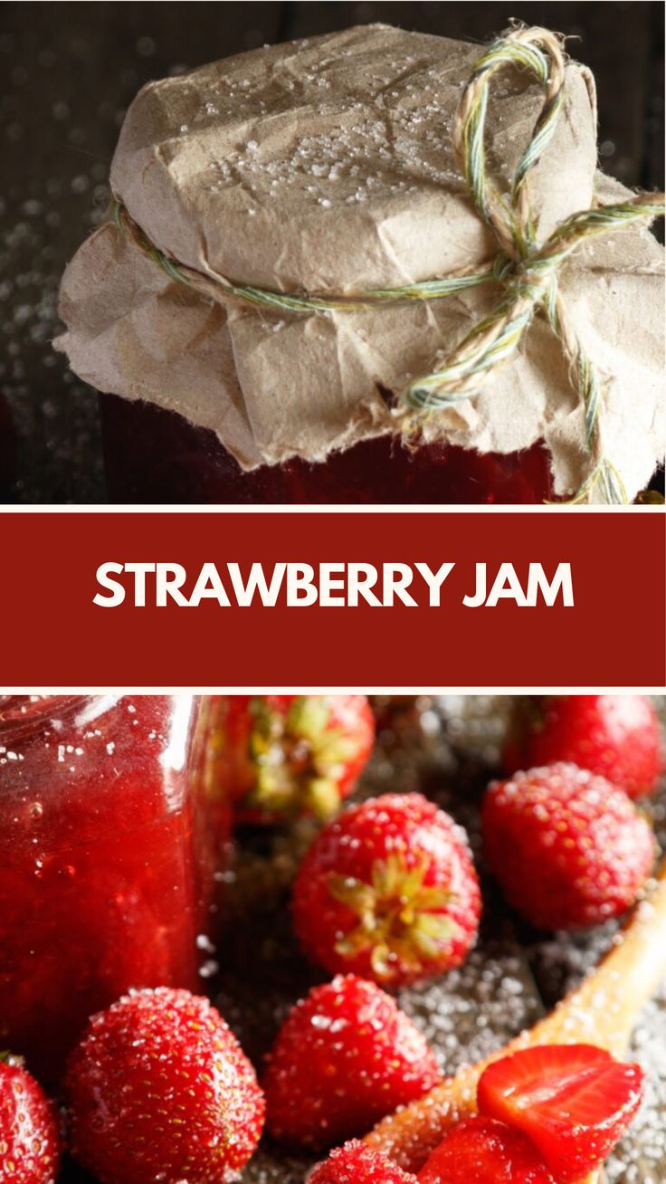 strawberry jam with strawberries on the side, and in front of it is an image of