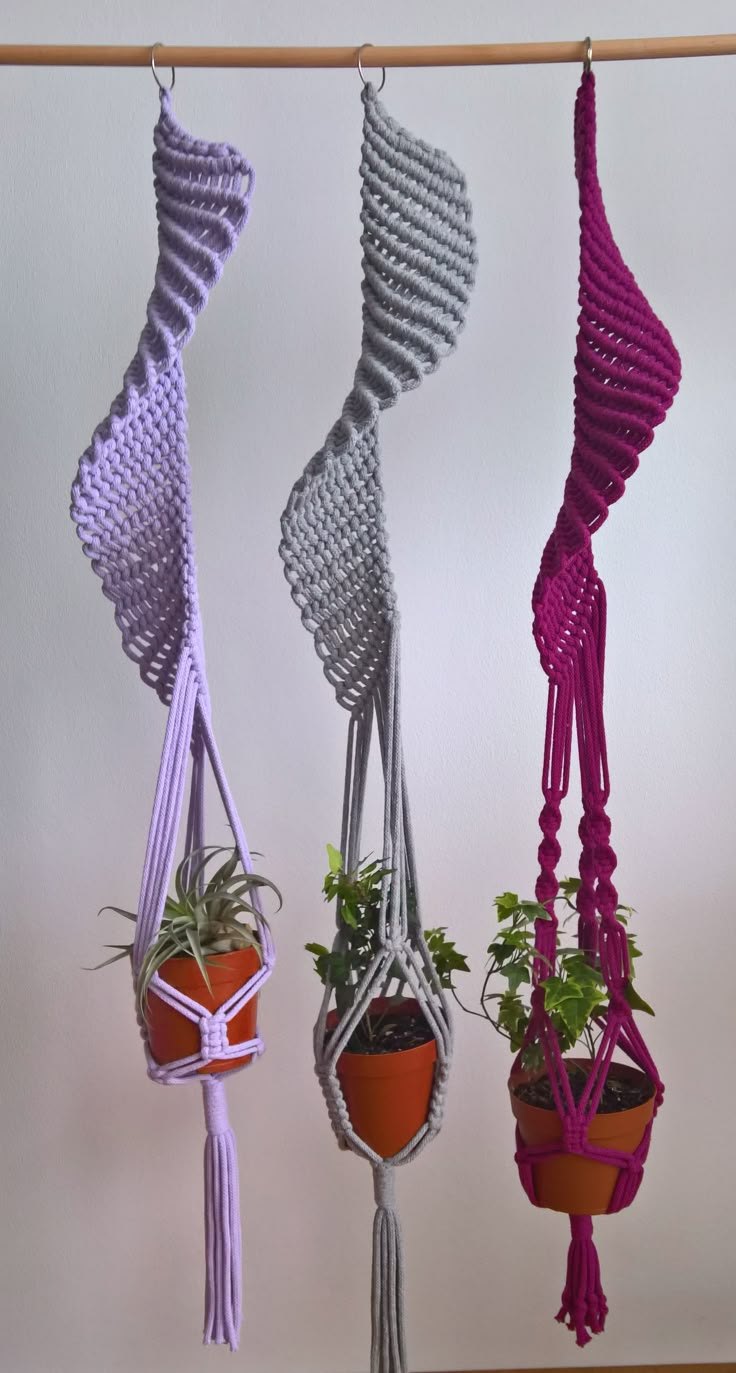 three hanging planters with plants in them