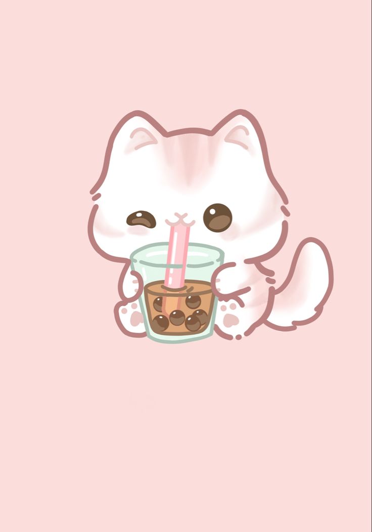 a white cat holding a drink in it's paws