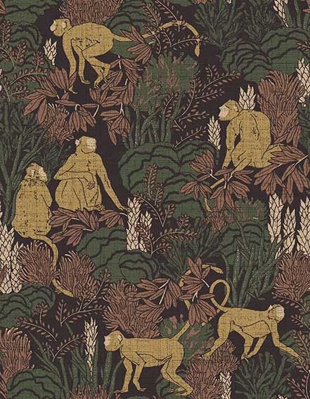 an image of monkeys in the jungle with palm trees and leaves on black background, suitable for upholstering