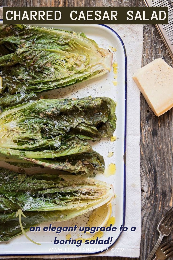 grilled lettuce on a white plate with butter and parmesan cheese