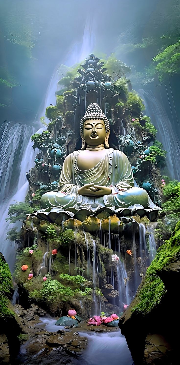 a buddha statue sitting in the middle of a waterfall