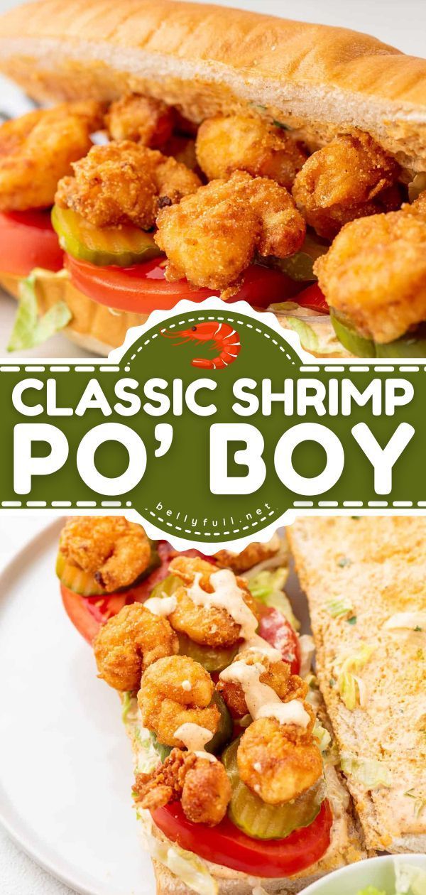 the classic shrimp po'boy sandwich is served with lettuce and tomatoes