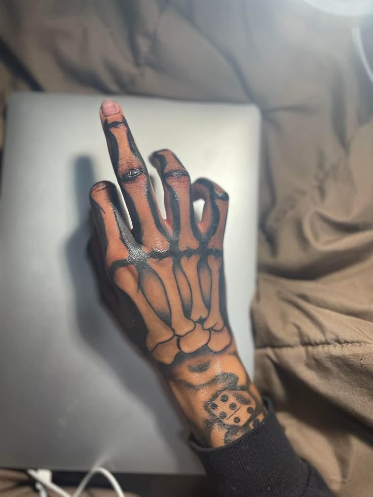 a person's hand is covered in black ink