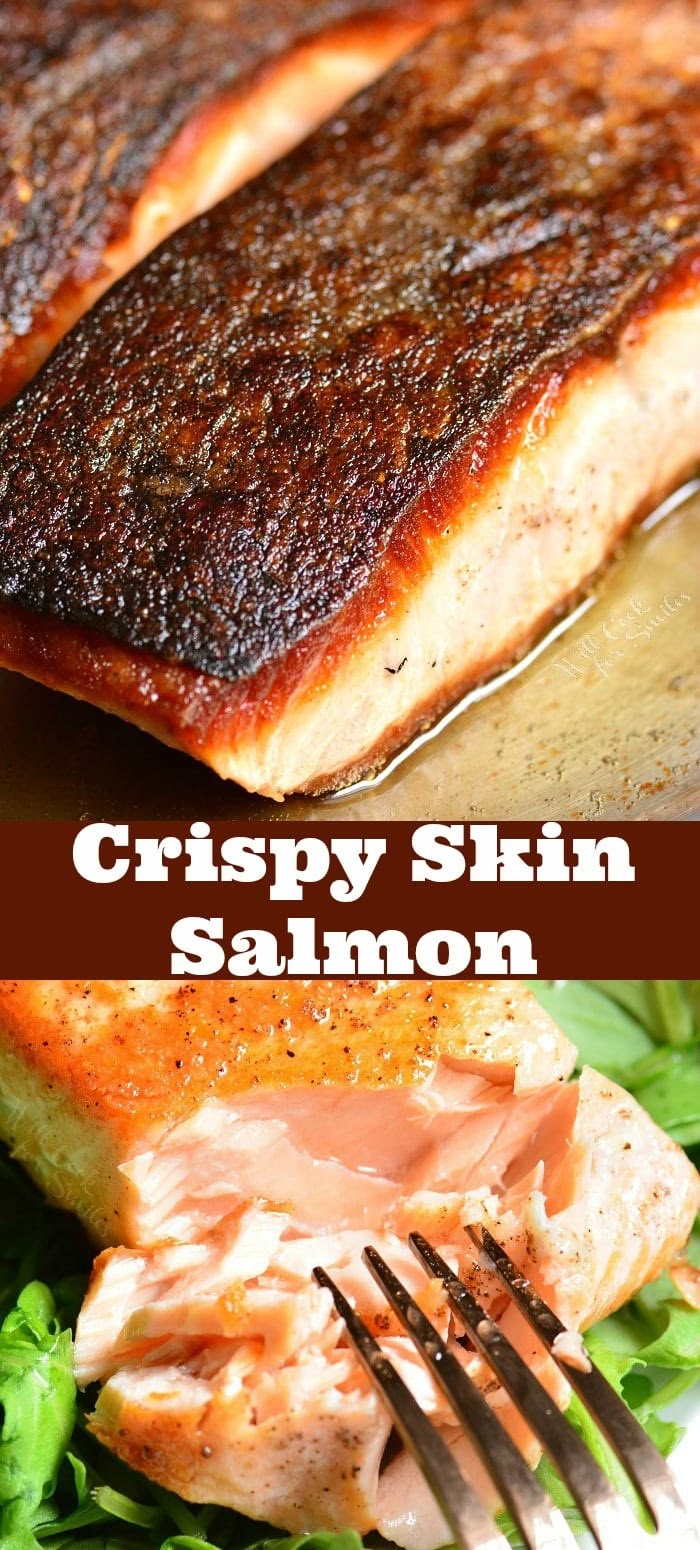 crispy skin salmon on a bed of lettuce with a fork