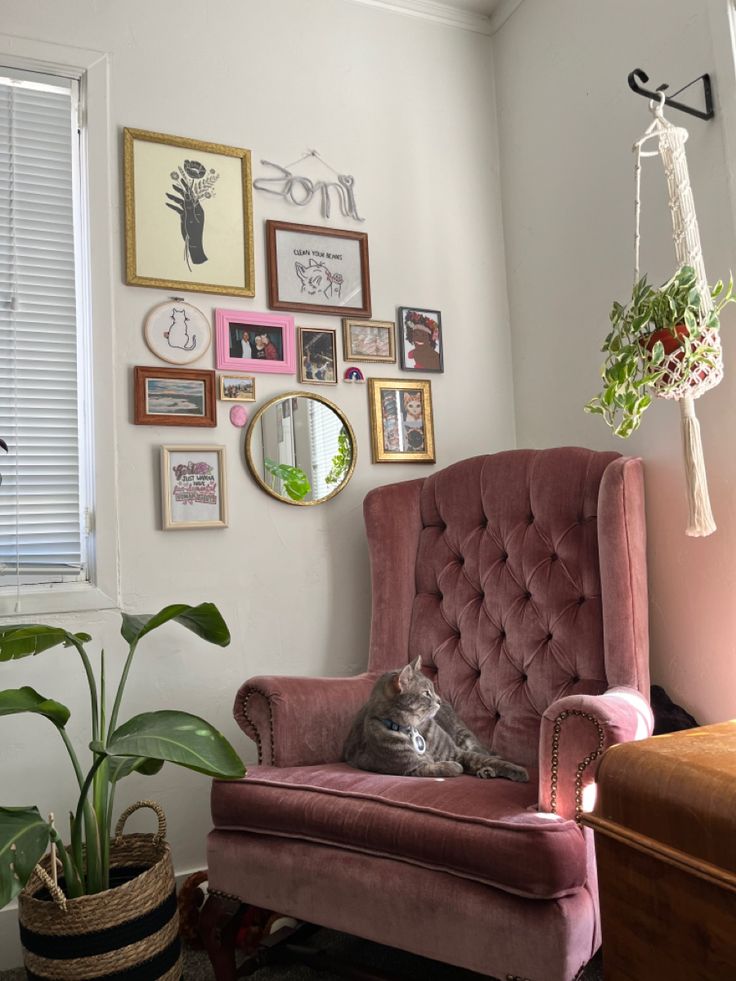 a pink chair sitting in front of a window with pictures on the wall behind it