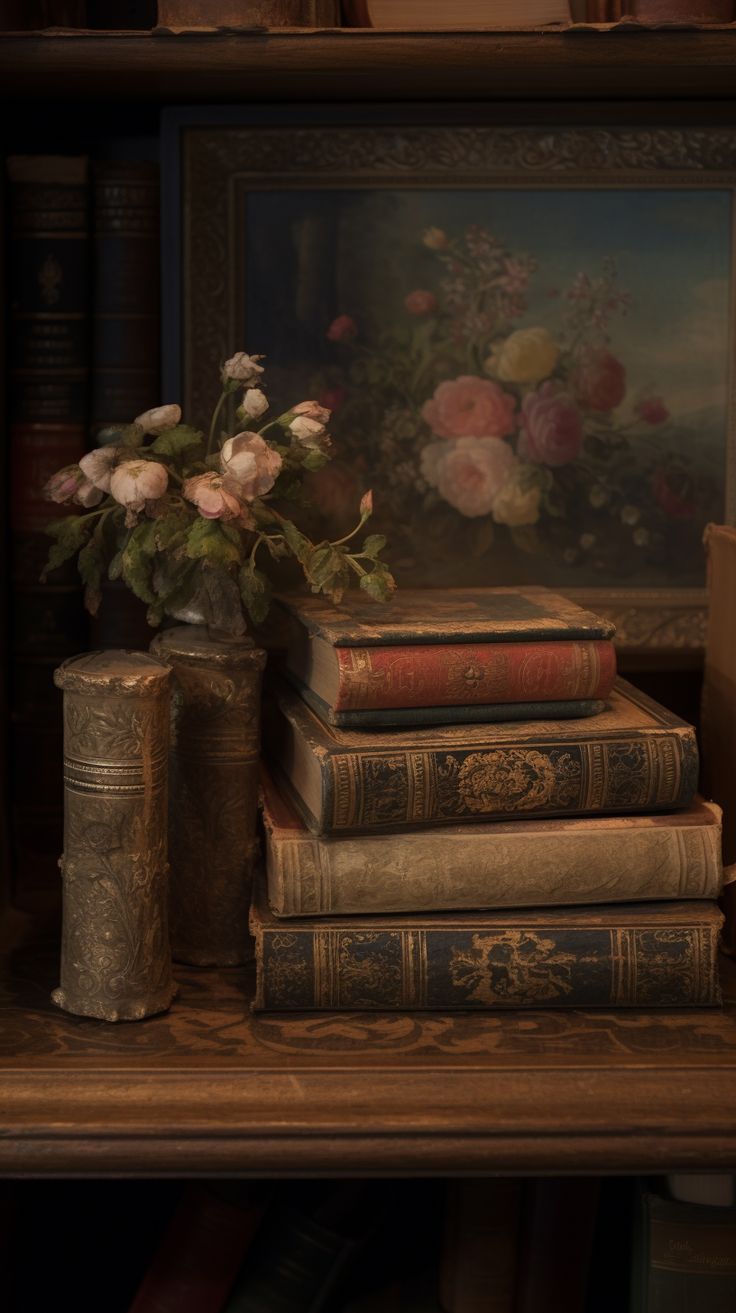 three books are stacked on top of each other in front of a vase with flowers