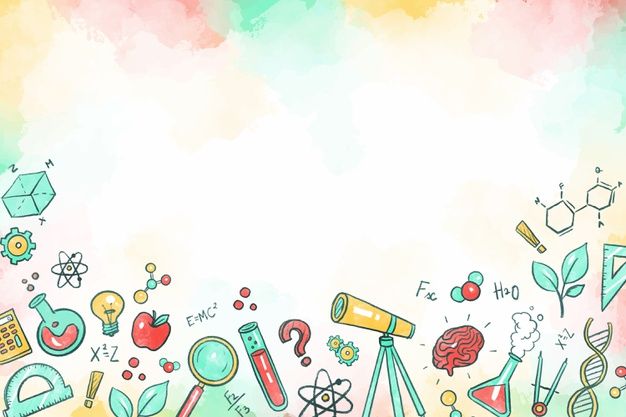 an abstract background with science related items in the air and on top of it are watercolors