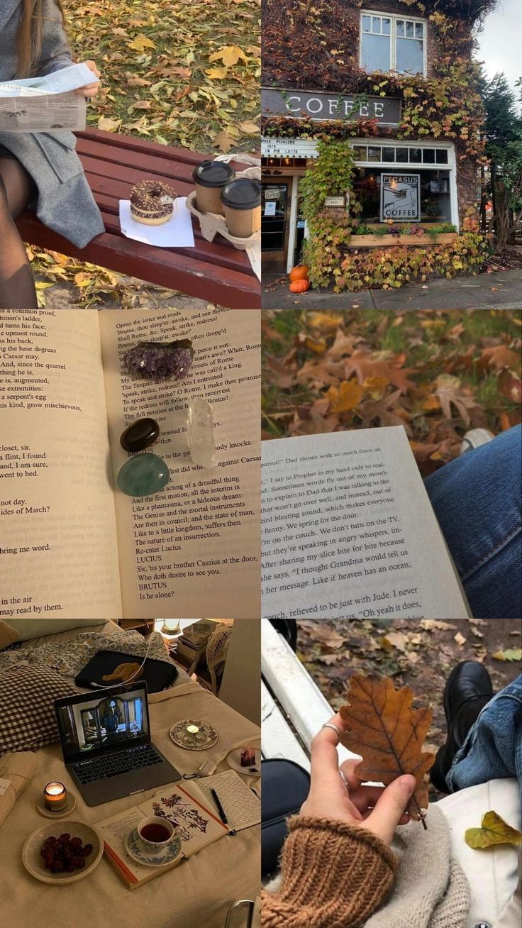 a collage of photos with people sitting on a bench reading books and eating food