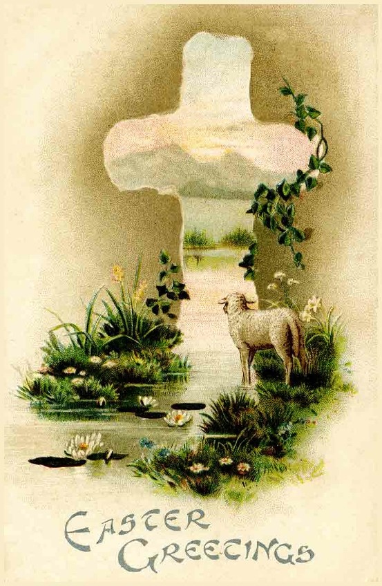 an easter card with a sheep and flowers in the water, surrounded by greenery