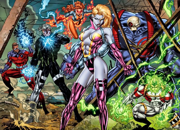 an image of a group of superheros in the middle of a scene with many different characters