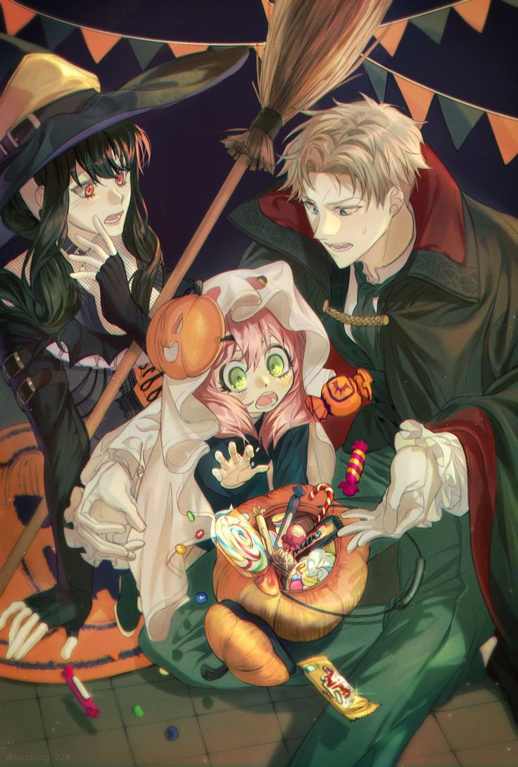 three anime characters sitting on the ground with one holding an umbrella and another holding a doll