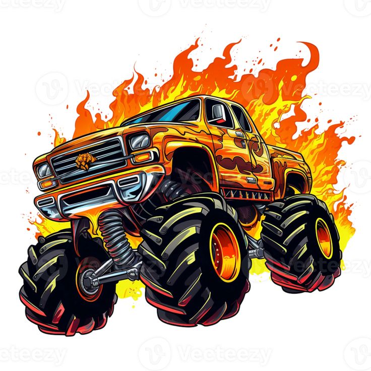 an orange monster truck with flames on the back and front wheels, driving through the air