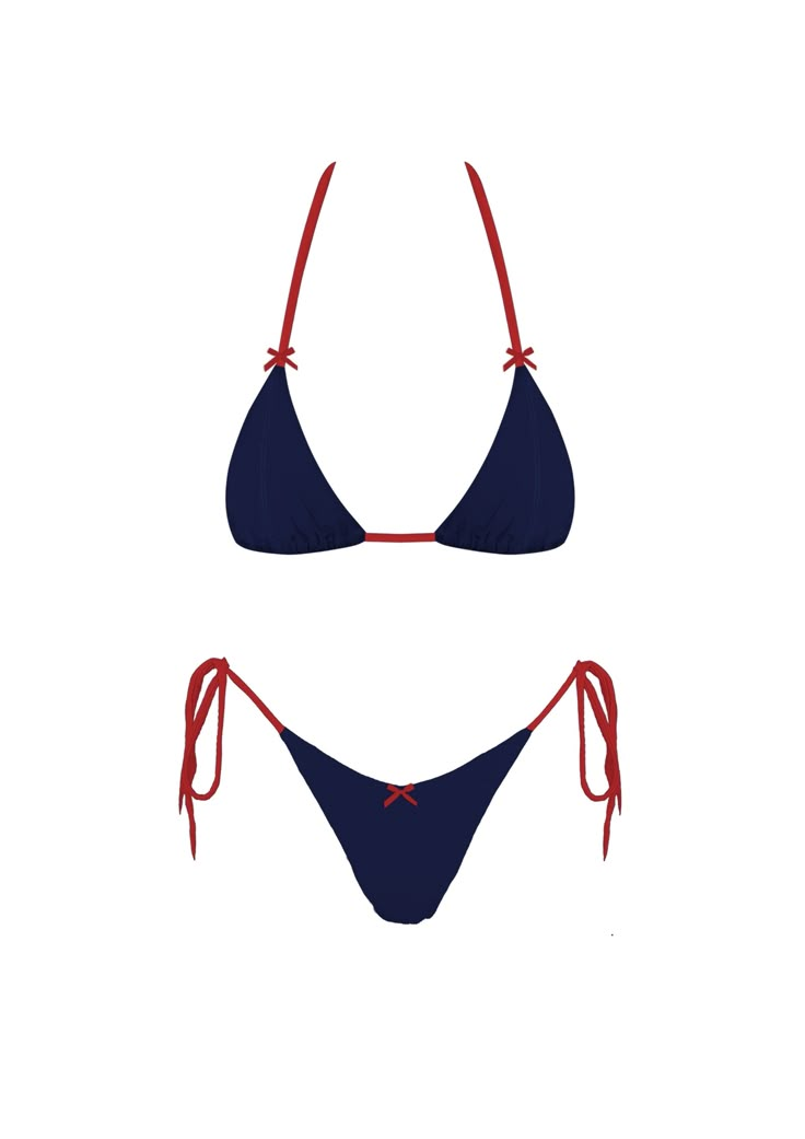 Navy bikini with red lining and bows Size and Fit: Adjustable string ties Fits true to size Navy Blue Two Piece Outfit, 4th July Outfit, 4th Of July Bikinis, Swim Outfit, Summer Two Piece Outfits, Swimsuit Inspo, 4th Of July Outfit, Red Two Piece, Beach Wear Outfits