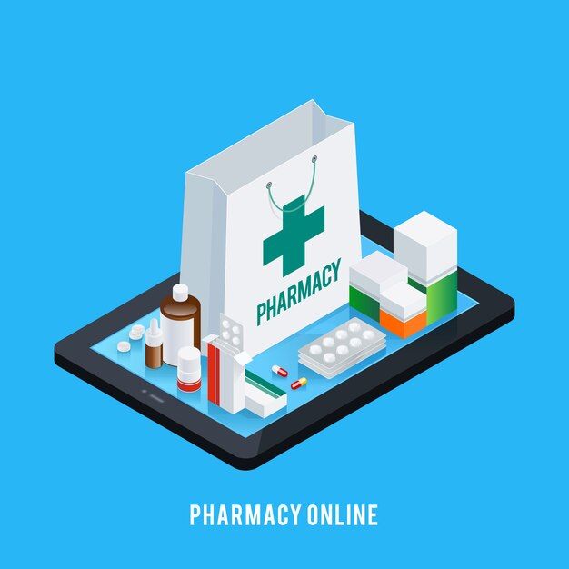 an electronic tablet with pharmacy items on the screen - miscellaneous objects / objects 3d renderings