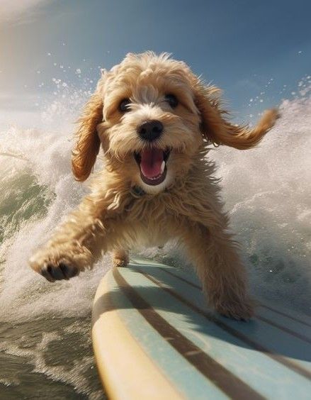 a dog that is standing on a surfboard in the water and has it's mouth open