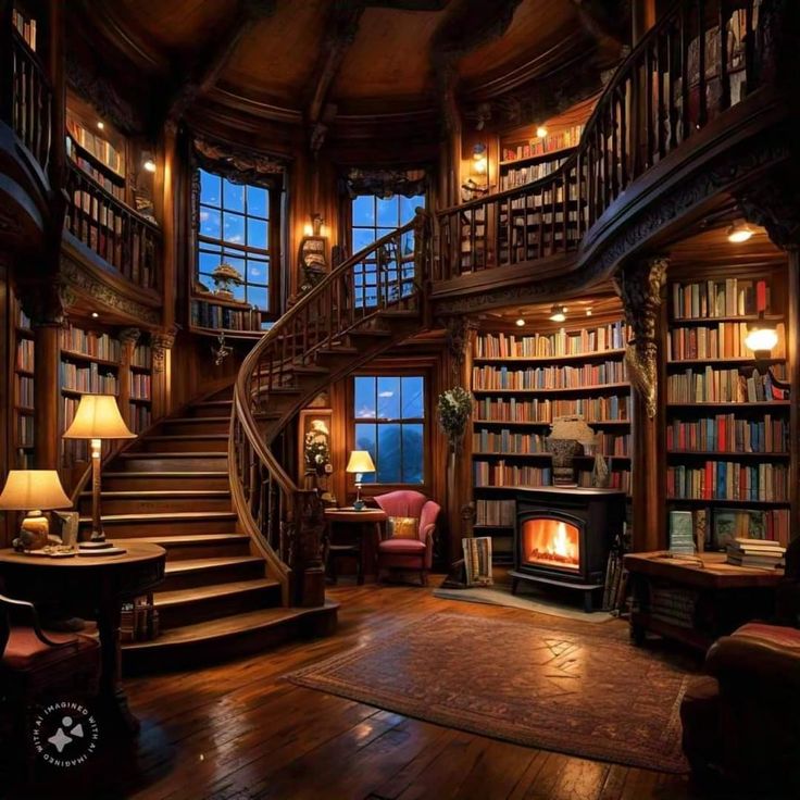 a spiral staircase in the middle of a room filled with books