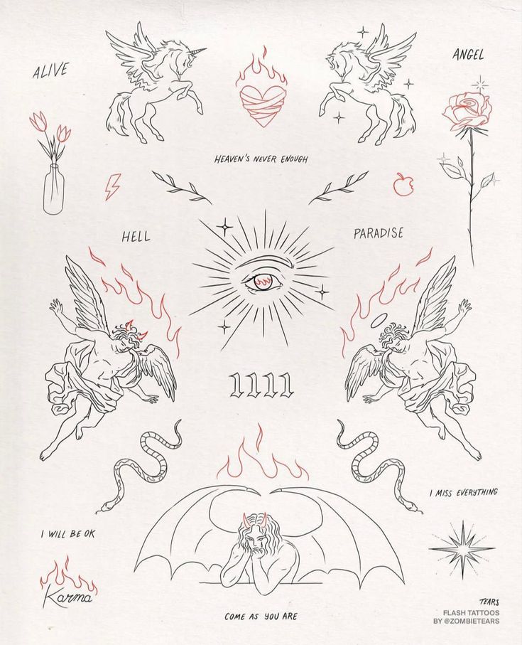 an old school tattoo flash sheet with angels and demon symbols on it's back