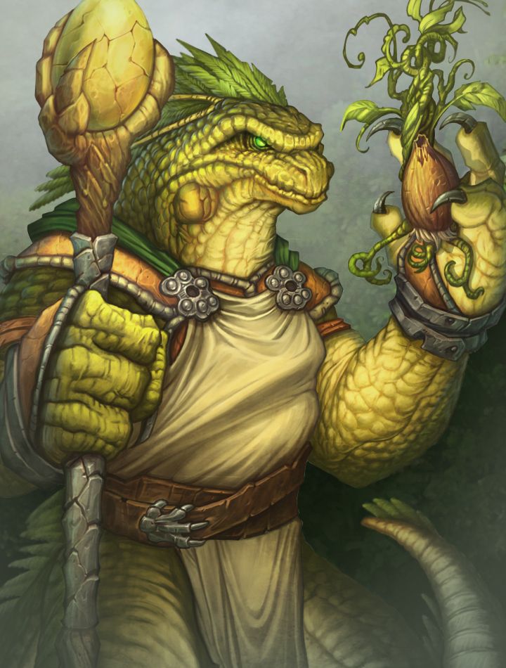 a painting of a creature holding a plant in its hand and wearing armor with horns