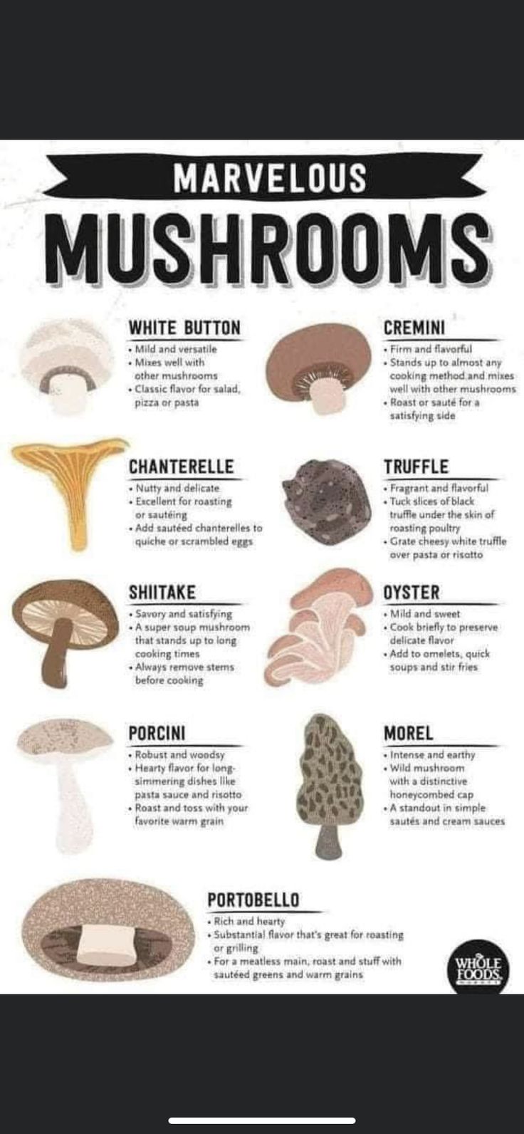 a poster with different mushrooms on it's sides and the words, marvelous mushrooms