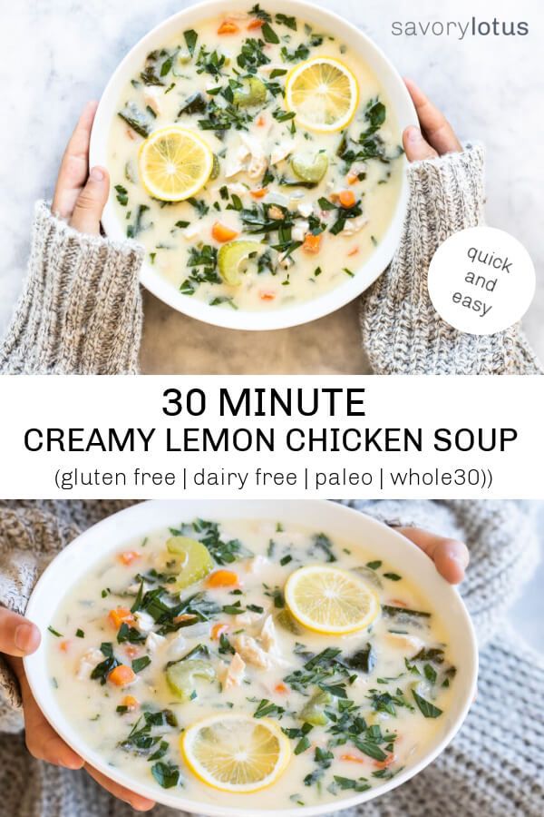 two bowls filled with creamy lemon chicken soup