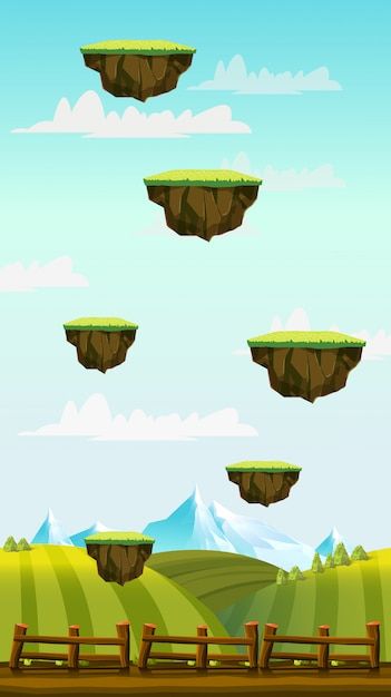 an image of a game with flying objects in the sky and mountains on the other side