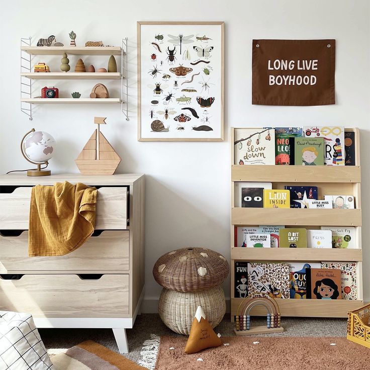 a child's room with bookshelves, toys and pictures on the wall