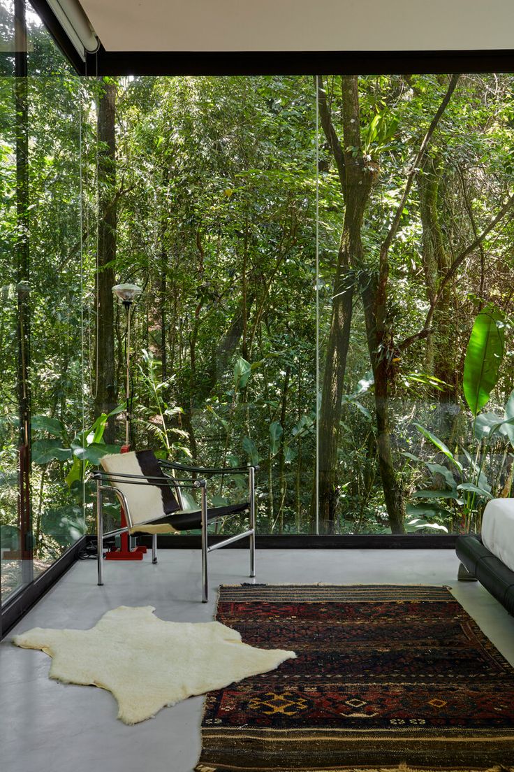 a bedroom with glass walls and lots of greenery in the background, along with a rug on the floor