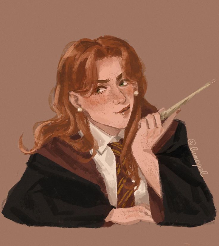 a drawing of a woman with long hair holding a wand in her hand and wearing a harry potter costume