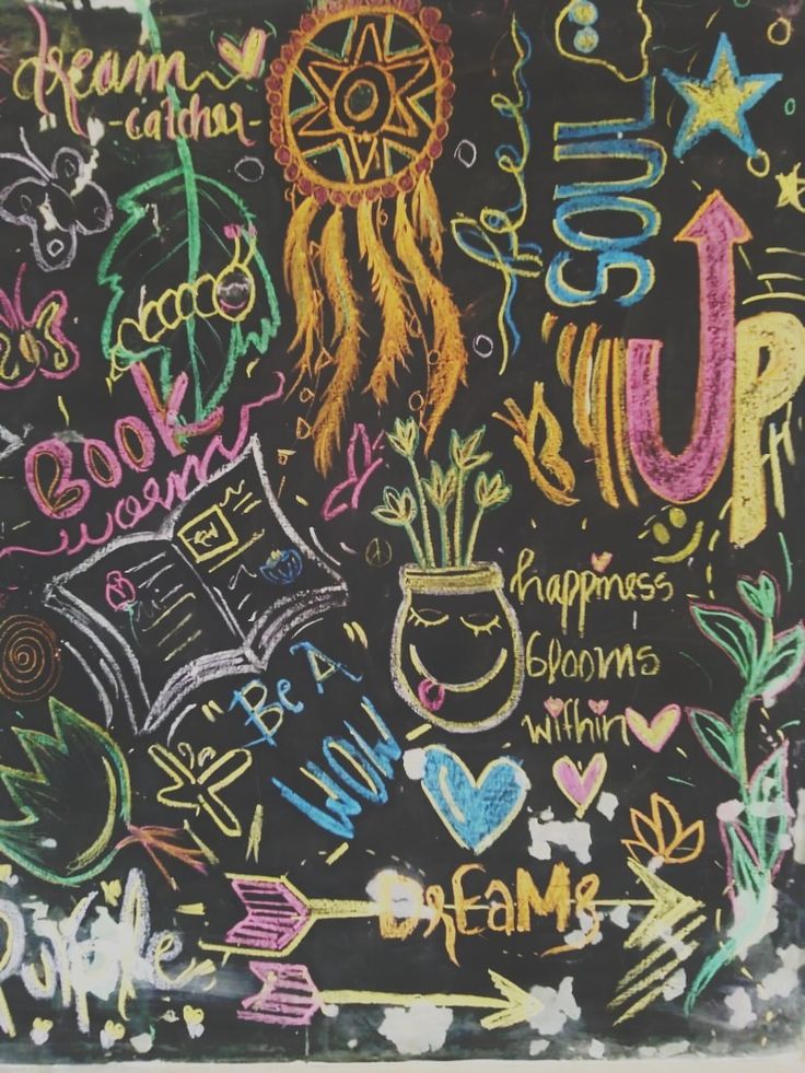 a chalkboard with writing and doodles on it