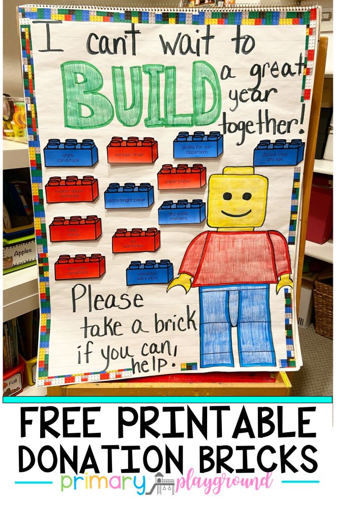 a bulletin board with legos on it and the words back to school donation bricks