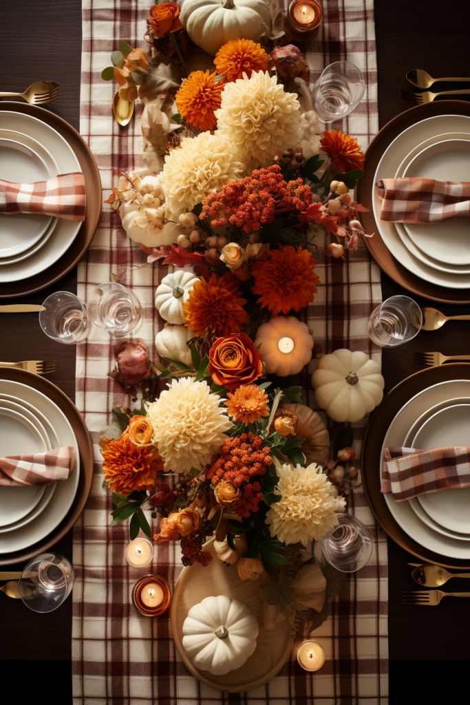 the table is set with pumpkins, flowers and candles for an autumn - themed dinner